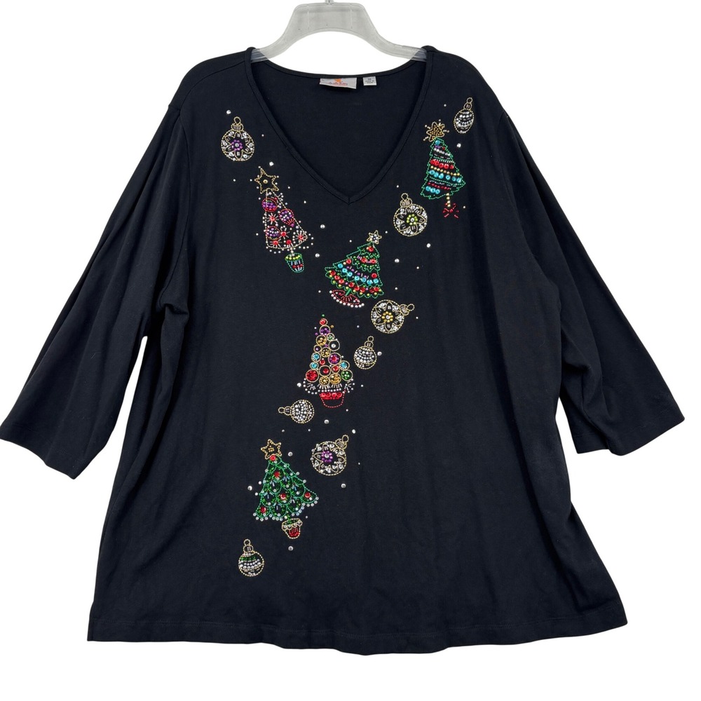 Quacker Factory Christmas Tree Top Size 3X Black Sequin Beaded V-Neck A228725